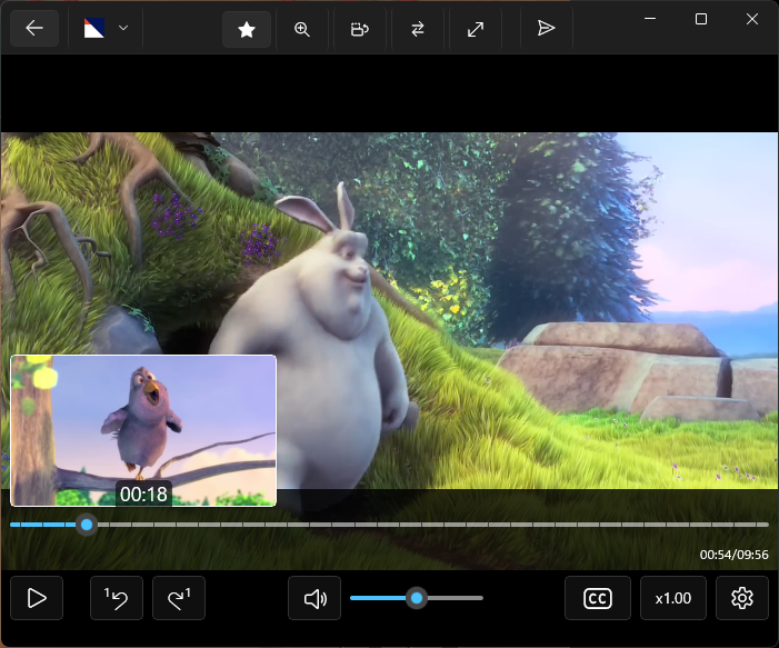 動画プレイヤーの画面(動画は「Big Buck Bunny」というBlender財団制作の作品)